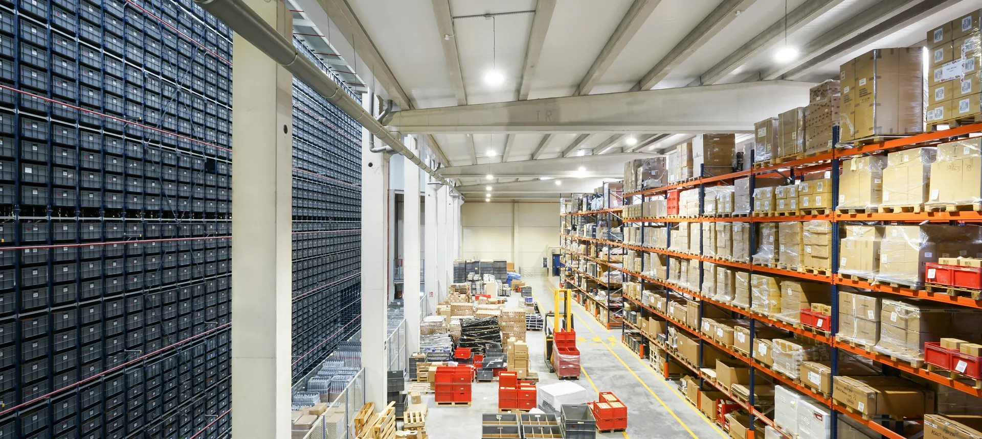 Organized warehouse shelving and stocked supplies